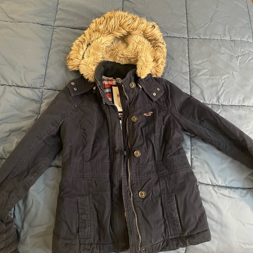 Hollister Navy Blue Jacket with Fur Hood